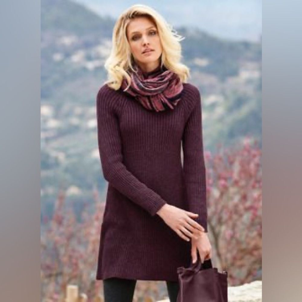 Peruvian Connection Pima Cotton Ribbed Knit Tunic Sweater in Burgundy S